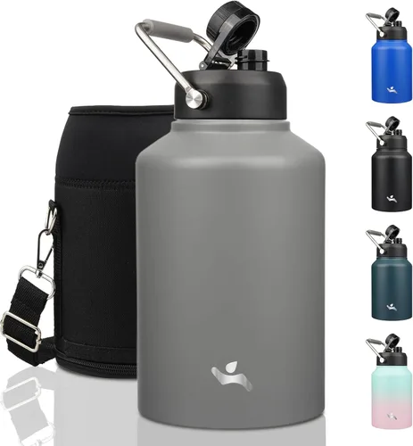 Vista 11 de Konokyo Jarra de medio galón con asa, botella de agua aislada de 64 onzas con bolsa de transporte, botella de metal de acero inoxidable al vacío