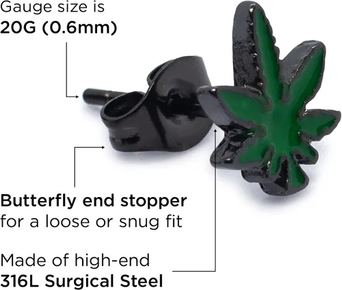Vista 4 de Pierce2GO - Par de pendientes de 316L con colgante de hoja de marihuana