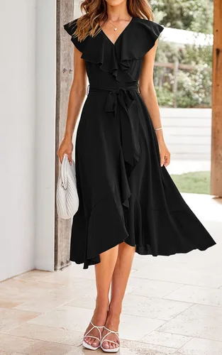 Vista 2 de PRETTYGARDEN Vestido midi cruzado de verano para mujer, casual, bohemio, cuello en V profundo, manga corta, dobladillo con volantes, vestido largo
