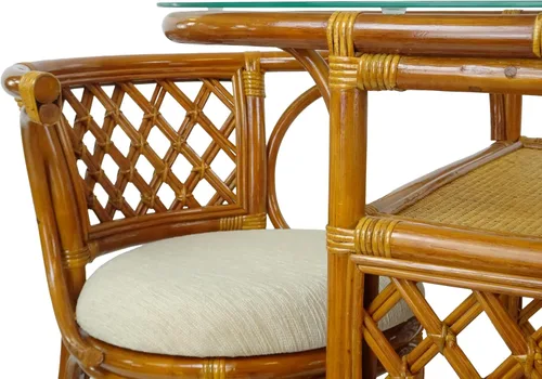 Vista 6 de Borneo - Juego de mesa de comedor compacto con tapa de cristal + 2 sillas, muebles coloniales hechos a mano de mimbre natural
