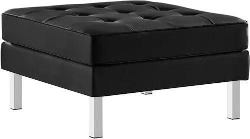 Vista 15 de Modway Banco grande tapizado de piel sintética con botones copetudos en color negro plateado