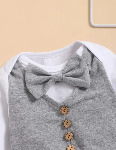 Vista 5 de Ropa de bebé recién nacido, trajes de caballero, mameluco de manga larga, traje de esmoquin con corbatín