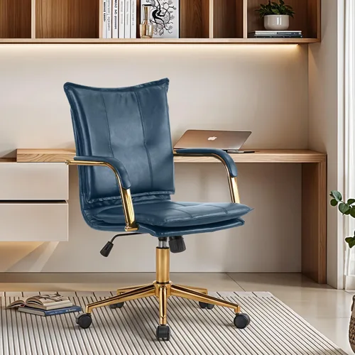 Vista 13 de MOJAY Silla de escritorio ergonómica de cuero con respaldo medio, moderna silla tapizada para computadora, silla de oficina ejecutiva con brazos