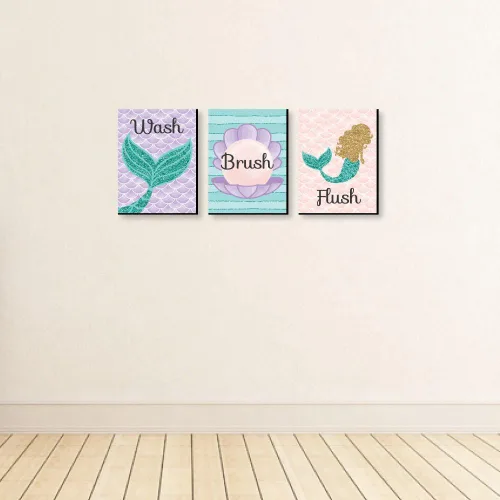 Vista 3 de Big Dot of Happiness Let's Be Mermaids - Arte de pared con reglas de baño para niños, 7.5 x 10 pulgadas, juego de 3 letreros, lavado, cepillo