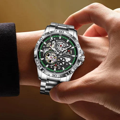 Vista 4 de Relojes automáticos para hombre, cuerda automática mecánica, esfera de esqueleto, resistente al agua a 30 ATM, con correa de acero inoxidable, reloj