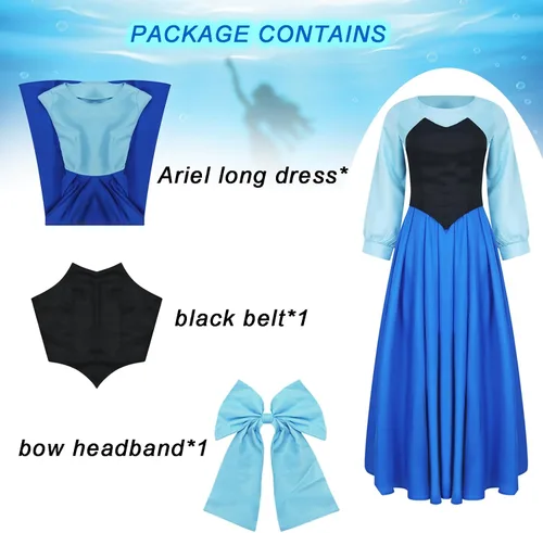Vista 3 de Ariel Costume for Women Dress Princess Mermaid Cosplay Adult Halloween Classic Film Dress Up Masquerade Set