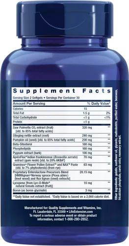 Vista 2 de Life Extension Fórmula ultra próstata, palma enana americana para hombres, pygeum, raíz de ortiga picante, licopeno, salud de la próstata, flujo
