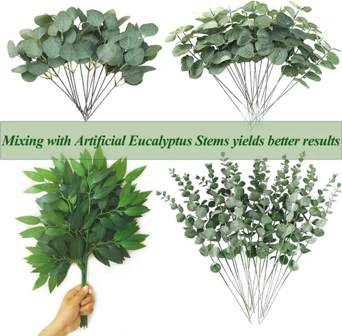 Vista 3 de 20 tallos italianos de Ruscus de 18 pulgadas, hojas artificiales de seda para bricolaje, relleno de ramos, centros de mesa, decoración