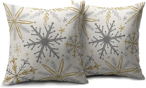 Vista 2 de Juego de 2 fundas de almohada de copos de nieve de invierno de 16 x 16 pulgadas, color amarillo, gris, gris, rústico, estampado navideño