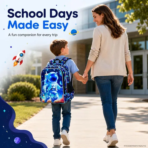 Vista 6 de gxtvo Mochila para niños de 3 piezas, 16 pulgadas con lonchera, resistente al agua, para preescolar, Astronauta Cohete Azul, Tamaño único, Impresión