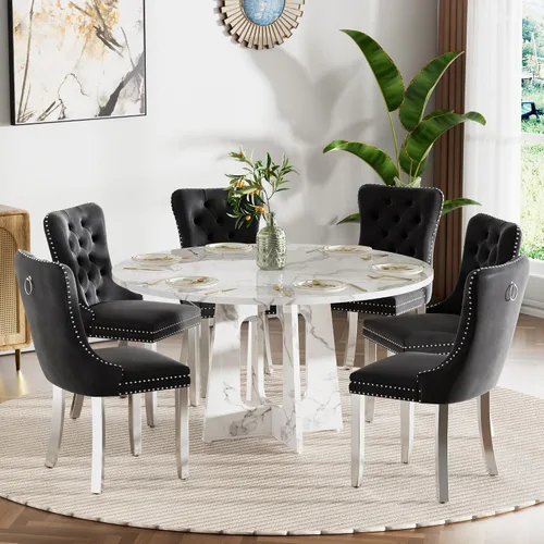 Vista 55 de Mesa de comedor redonda estilo granja para 6, mesa de cocina circular de 47" MDF con acabado de grano de madera, mesa de cocina y comedor de madera