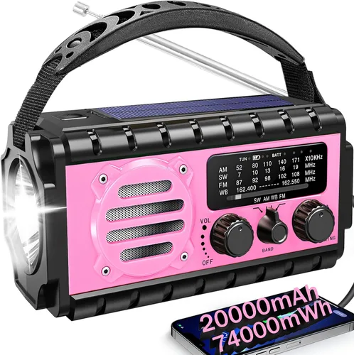 Vista 9 de Radio de emergencia con manivela de 20000 mAh, radio meteorológica SW/NOAA/AM/FM, cargador de manivela alimentado por energía solar con batería
