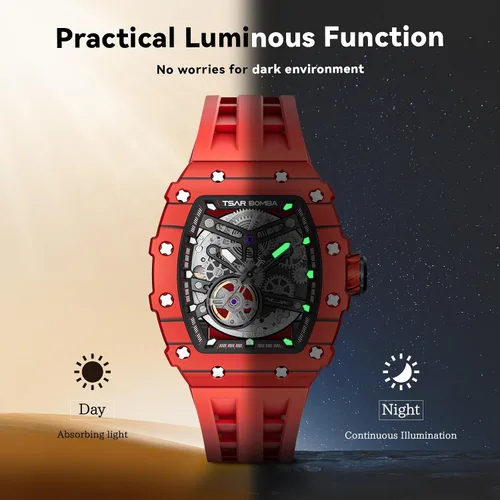 Vista 7 de Reloj para hombre, reloj mecánico automático de esqueleto para hombre, 164.0 ft, impermeable, de lujo, Tonneau, cuadrado, esfera grande, con correa