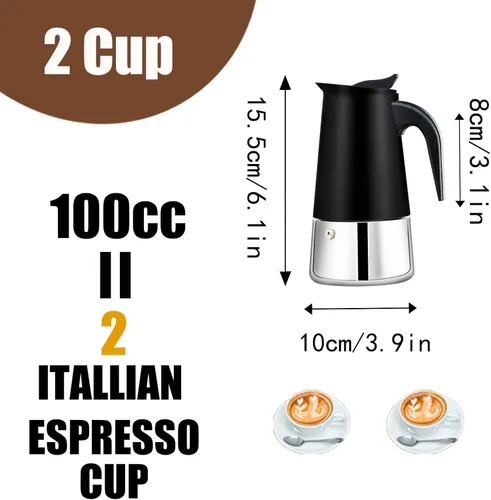 Vista 3 de Estufa de 2 tazas de acero inoxidable, cafetera italiana, capacidad para café moca, cocina clásica de inducción para el hogar y campamento, 3.3