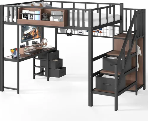 Vista 4 de MERITLINE Cama loft para juegos de tamaño matrimonial con escritorio y Negro