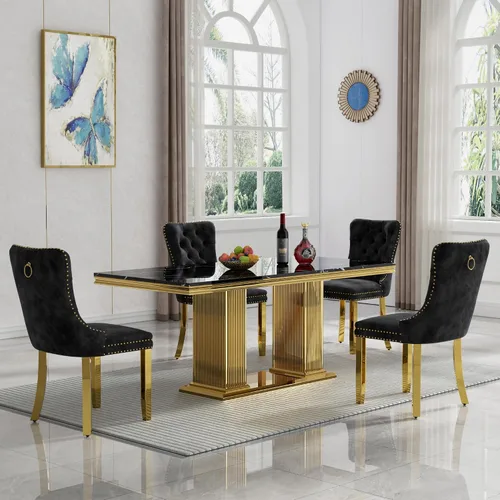 Vista 61 de Juego de mesa de comedor de 5 piezas para 4, mesa de cocina de mármol negro de 68 pulgadas con 4 sillas beige, mesa de comedor rectangular moderna