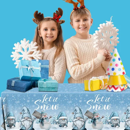 Vista 5 de Mantel de gnomo, 3 piezas, diseño de copo de nieve de Navidad, rectangular, para invierno, para suministros de fiesta, 42,590.6 in