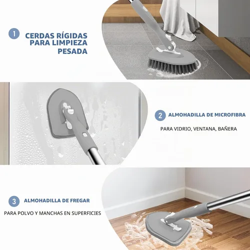Vista 6 de SetSail Cepillo de ducha 3 en 1 para azulejos con mango largo ajustable y 3 cabezales de cepillo de repuesto desmontables para limpiar baño, paredes