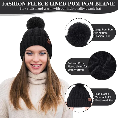 Vista 2 de Womens Winter Warm Beanie Hat Touchscreen Gloves Long Scarf Set Rib Cable Knit Fleece Lined Skull Pom Caps