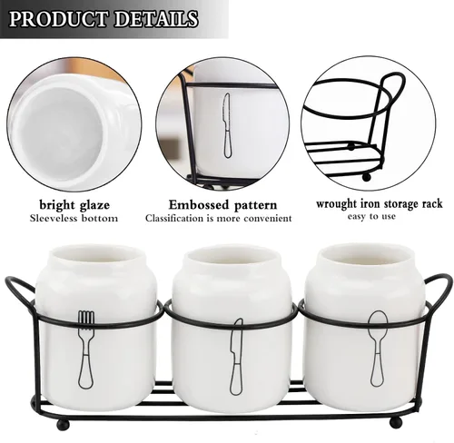 Vista 2 de Soporte de cubiertos de 4 piezas para organizador de encimera de cerámica blanca con estante de metal negro, soporte para tenedor, cuchara