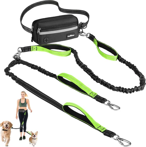 Vista 9 de Correa de perro manos libres con bolsa, correa de cintura para pasear al perro, trotar, senderismo, correas retráctiles con asas acolchadas dobles