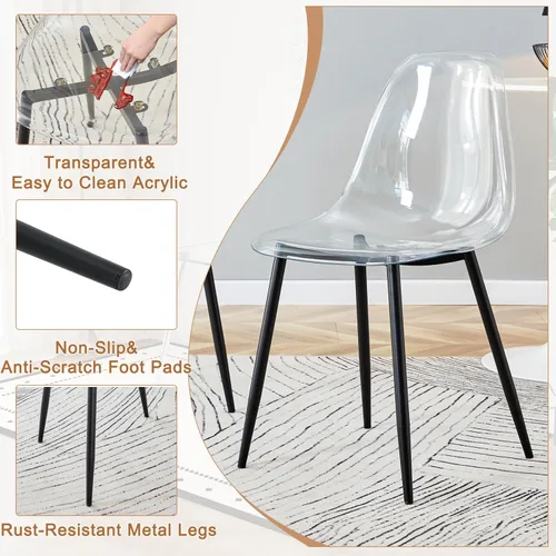 Vista 7 de Juego de mesa de comedor de vidrio Ebullient para 4, mesa de 51" de vidrio templado transparente con patas de metal negro y 4 sillas de acrílico