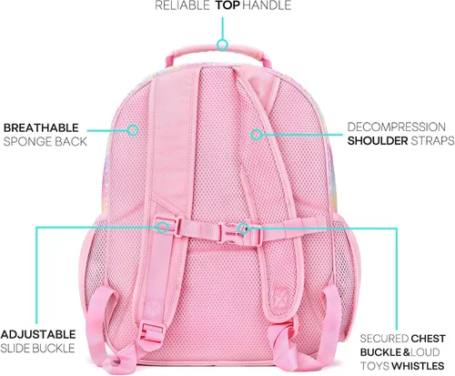 Vista 4 de mibasies Mochila para niñas y niños, ideal para niños y niñas, mochila para preescolar jardín de infantes y primaria, Glitter Rainbow, Niños-15"H
