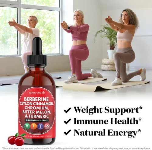 Vista 3 de Berberina con suplemento de canela de Ceilán gotas líquidas + extracto de melón amargo, glucomanano, gimnasia, cromo, cúrcuma, panax ginseng