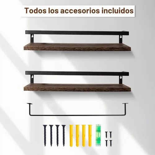 Vista 6 de AGM Juego de 2 estantes flotantes, estantes de almacenamiento de pared con 1-marrón oscuro+barra de toalla