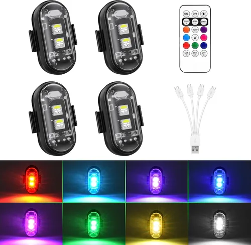 Vista 9 de Luces estroboscópicas RGB LED inalámbricas para aviones con control remoto, 8 colores, 10 modos de parpadeo, carga USB, luces anticolisión