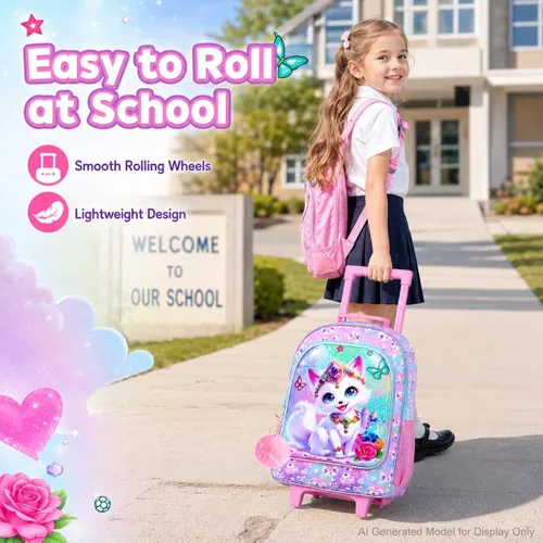 Vista 2 de Mochila con ruedas para niñas, Fox Kids School Mochilas con ruedas, mochila enrollable con lonchera para preescolar primaria (blanco)