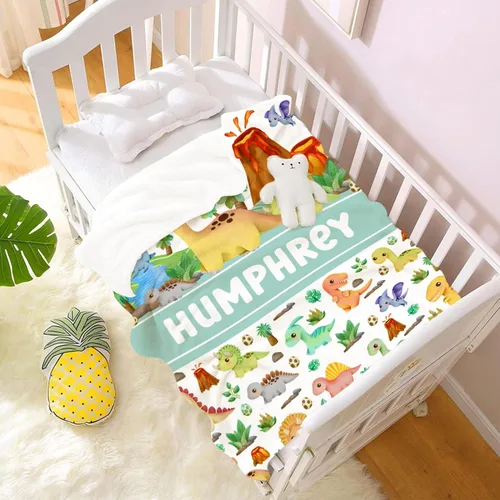 Vista 5 de Manta de regalo personalizada de dinosaurio con nombre para niñas, niños, recién nacidos, dinosaurio, manta personalizada para envolver al bebé
