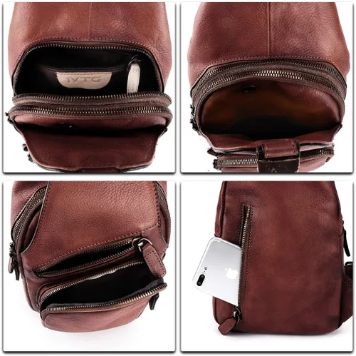 Vista 7 de IVTG Bolso bandolera de cuero genuino para hombres y mujeres, mochila de hombro hecha a mano cruzada para motocicleta