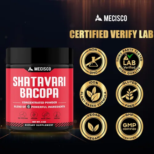 Vista 6 de Mecisco Polvo Shatavari orgánico 6 en 1, mezclado con raíz de Shatavari, Bacopa Monnieri, raíz de Ashwagandha, bayas de Vitex, fenogreco y pimienta