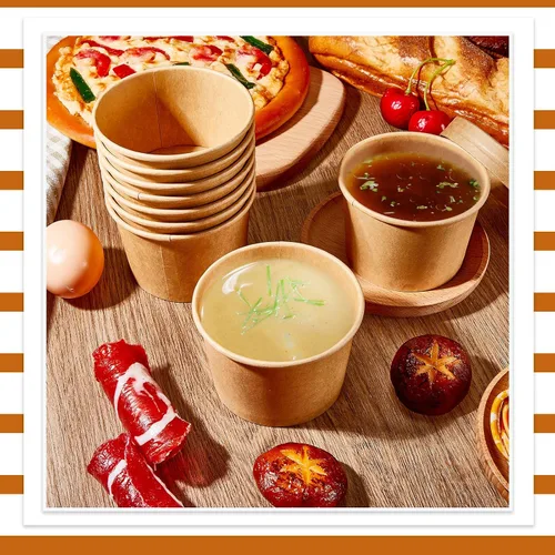 Vista 2 de Sabary Paquete de 50 Recipientes de Papel para Sopa de 8 oz con Tapa Desechables de Papel Kraft Recipientes para Comida Aptos para Microondas