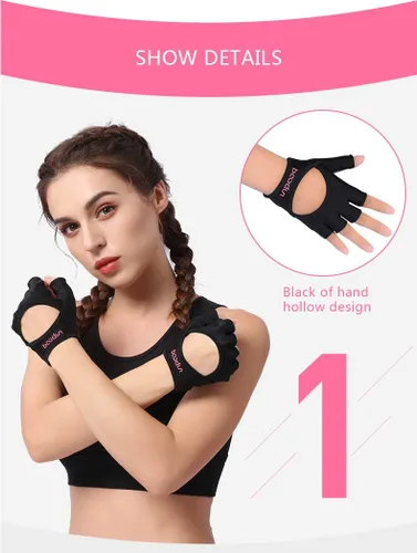 Vista 4 de Anser 7150282 Guantes cortos sin dedos para mujer, medio dedo, para yoga, gimnasio, fitness, entrenamiento de culturismo