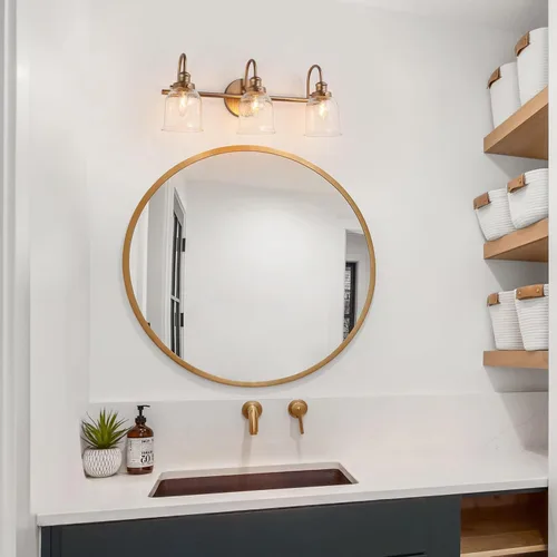 Vista 2 de Lámpara de tocador dorada, moderna lámpara de baño sobre espejo, iluminación de tocador de 3 luces con pantalla de vidrio sembrado