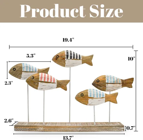 Vista 2 de ZENFUN 5 piezas de decoración de mesa de peces de madera, centro de mesa de verano oceánico, estatuas de animales marinos, letrero de pie, peces