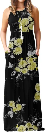 Vista 17 de DEARCASE Vestido largo de verano sin mangas para mujer, con bolsillos E10-floral Negro Azul
