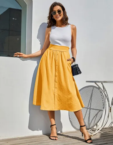 Vista 3 de Kate Kasin Falda midi de cintura alta para mujer, estilo vintage, elástica, acampanada, plisada, con botones y bolsillos