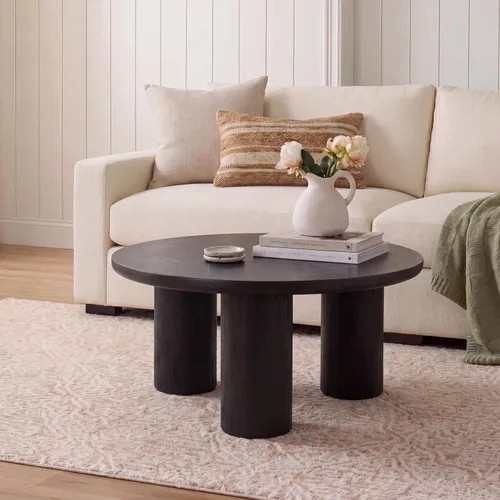 Vista 3 de SAFAVIEH Furniture Mork - Mesa de centro redonda de 3 patas, color negro, madera maciza, diseño moderno de trípode, ideal para sala de estar, sala