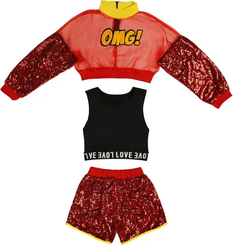 Vista 4 de LOLANTA Disfraces de baile de lentejuelas para niñas, pantalones cortos de malla con camiseta sin mangas, trajes de baile hip hop para niños