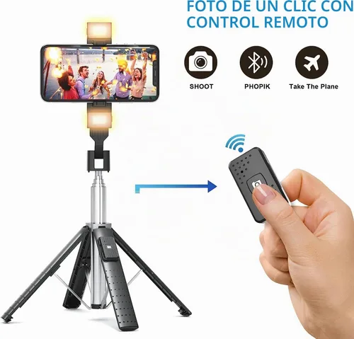 Vista 3 de Trípode Cuadrápode para Palo de Selfie de 41" con 2 Luces de Relleno Recargables, Trípode Extensible con Control Remoto Bluetooth, Acero Inoxidable