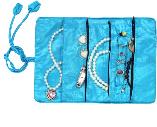 Vista 6 de Wei Long Rollo de joyería, bolsa de rollo de joyería de viaje, bolsa organizadora de joyas de brocado bordado de seda con cierre de corbata