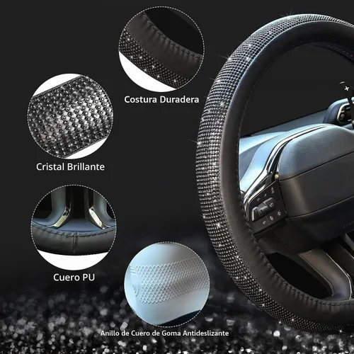 Vista 5 de Nueva funda de volante de cuero con diamantes de imitación brillantes Negro Diamonds