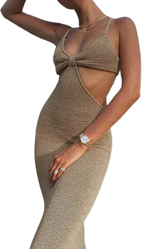 Vista 3 de NUFIWI - Vestido largo para mujer con corte de tirantes delgados calado cuello halter sin espalda maxi vestido de fiesta y fiesta Y2K Ropa de calle