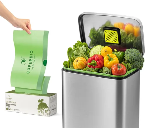 Vista 7 de SUPERBIO Bolsa de Basura de Cocina Compostable con Cordón de 13 Galones, 49.2 Litros, 30 Unidades, 1 Mil, Bolsas Resistentes para Desechos