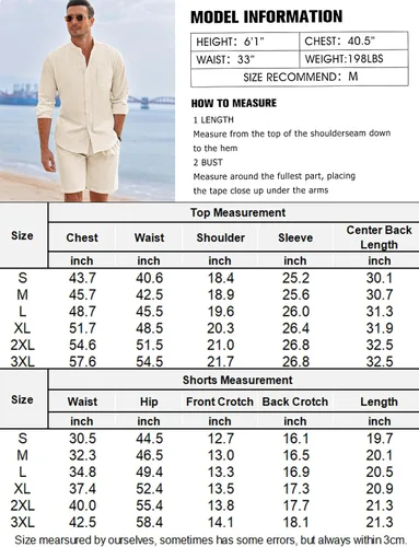 Vista 6 de COOFANDY Conjuntos de lino para hombre, 2 piezas, camisa de manga larga y pantalones cortos casuales con cordón en la cintura, trajes de verano
