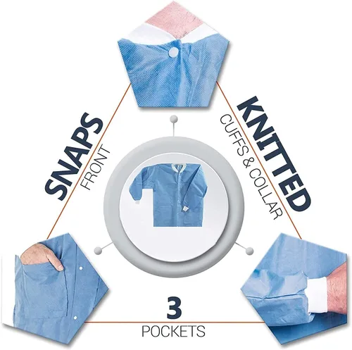 Vista 49 de Paquete de 10 chaquetas desechables de laboratorio, chaqueta médica reutilizable hasta la cadera, unisex, con puños de punto y bolsillos