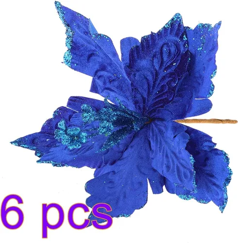 Vista 2 de 6 flores de Pascua artificiales con purpurina, flores de Navidad azules, decoración floral de árbol de Navidad para corona, arreglo floral, jarrón